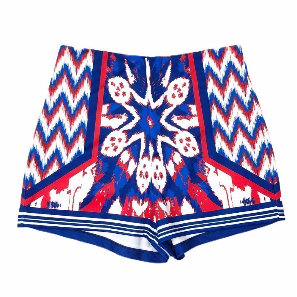 Jealous Tomato Blue Red Kaleidoscope Print High Waisted Shorts Size Small